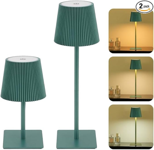 LUTEC 2 Pack Cordless Table Lamp,6000mAh Rechargeable Battery Operated Desk Lamp,Two Adjustable Heights,Waterproof, Touch Control & 3 Color Stepless Dimming for Restaurant/Bedroom/Bars/Outdoor (Green)