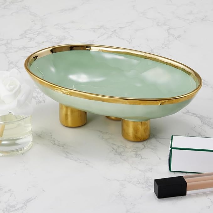 Ceramic Fruit Bowl – 10” Green Decorative Bowl for Kitchen Counter – Modern Pedestal Bowl, Fruit Bowls, Catch All bowl, and Fruit Basket for Kitchen Counter