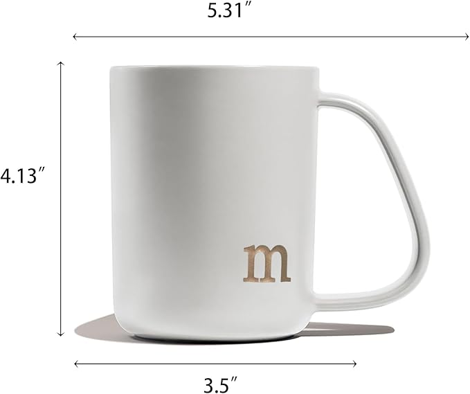 COLLECTIVE HOME - Ergonomic Handle Ceramic Mug, 15 oz Personalized Coffee Cup with Golden Initial, Microwave & Dishwasher Safe, Elegant Monogram Tea Mug in Gift Box for Home & Office (White-m)