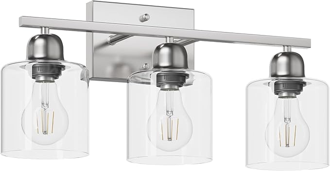 Brushed Nickel Bathroom Light Fixture, 3 Light Vanity Lights for Bathroom, Bath Lights with Clear Glass, E26 Socket
