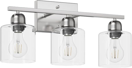 Brushed Nickel Bathroom Light Fixture, 3 Light Vanity Lights for Bathroom, Bath Lights with Clear Glass, E26 Socket
