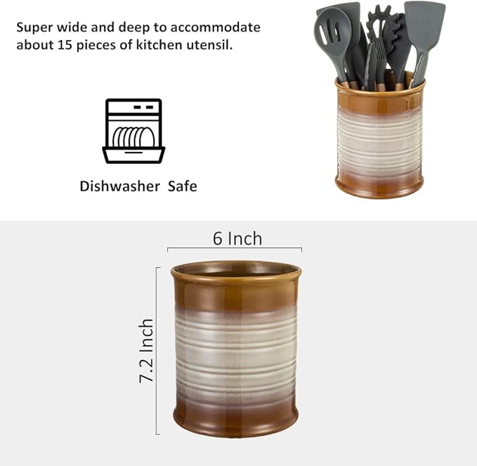 Nihow Kitchen Utensil Holder: 7.2 Inch Extra Large Ceramic Utensil Holder for Countertop - Stable Utensil Crock for Kitchen Counter Decor - Elegant Brown (1PC)