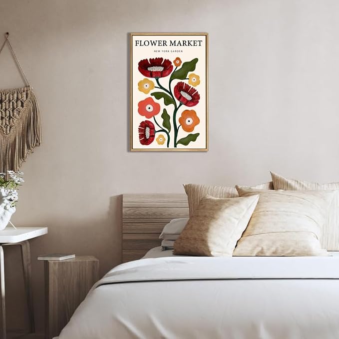 Gufro Boho Flower Market Framed Canvas Wall Art,Red Aesthetic Abstract Canvas Floral Wall Art for Bathroom，Living Room-24x32in