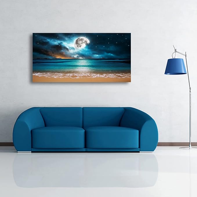 Beach Themed Wall Art Canvas Prints Seascape Picture Bathroom Décor Moon Ocean Landscape Paintings for Bedroom Dining Room Office Home Kitchen Decoration Natural Artwork 28x57 Wooden Frames