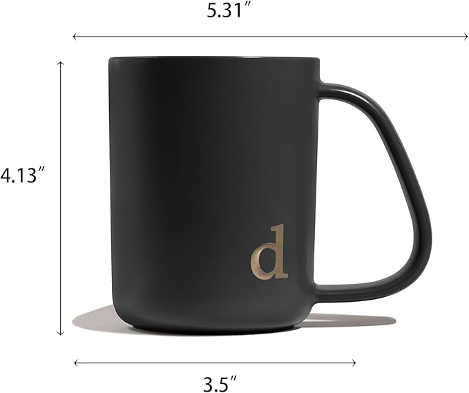 COLLECTIVE HOME - Ergonomic Handle Ceramic Mug, 15 oz Personalized Coffee Cup with Golden Initial, Microwave & Dishwasher Safe, Elegant Monogram Tea Mug in Gift Box for Home & Office (Black-d)