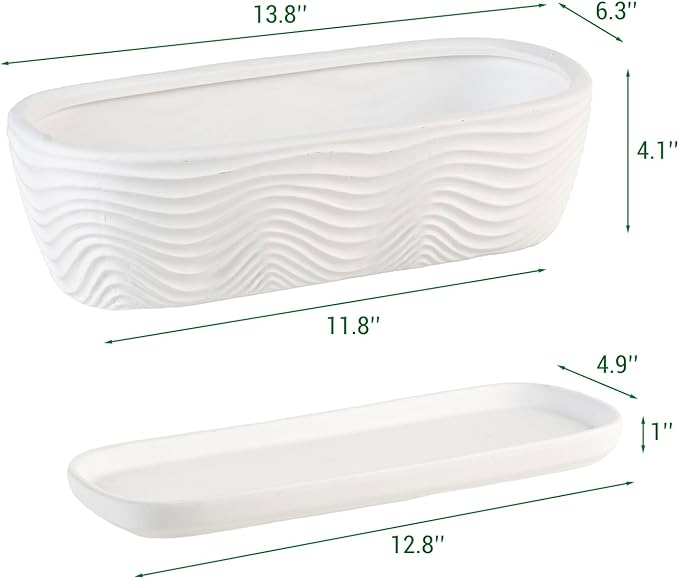 MyGift 13.5 inch Succulent Planter Pot, Oval Modern Ceramic Plant Box Container with Wave Textured Pattern and Removable Saucer Drip Tray (White)