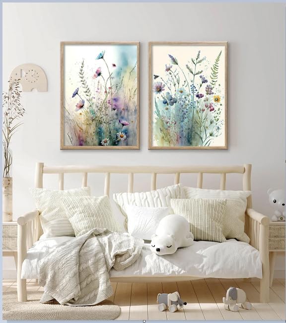 Framed Colorful Flowers Bathroom Wall Art Decor, Blue Floral Picture Canvas Print White Daisy Painting Artwork for Bedroom Office Decoration 12"x16"x2 Panels