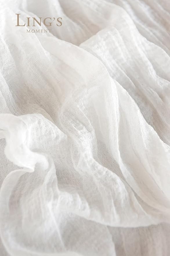 Ling's Moment 14Ft x 35" Wide Brilliant White Gauze Semi-Sheer Table Runner Cheesecloth Tablecloth for Wedding Party Bridal Shower Boho Table Decor