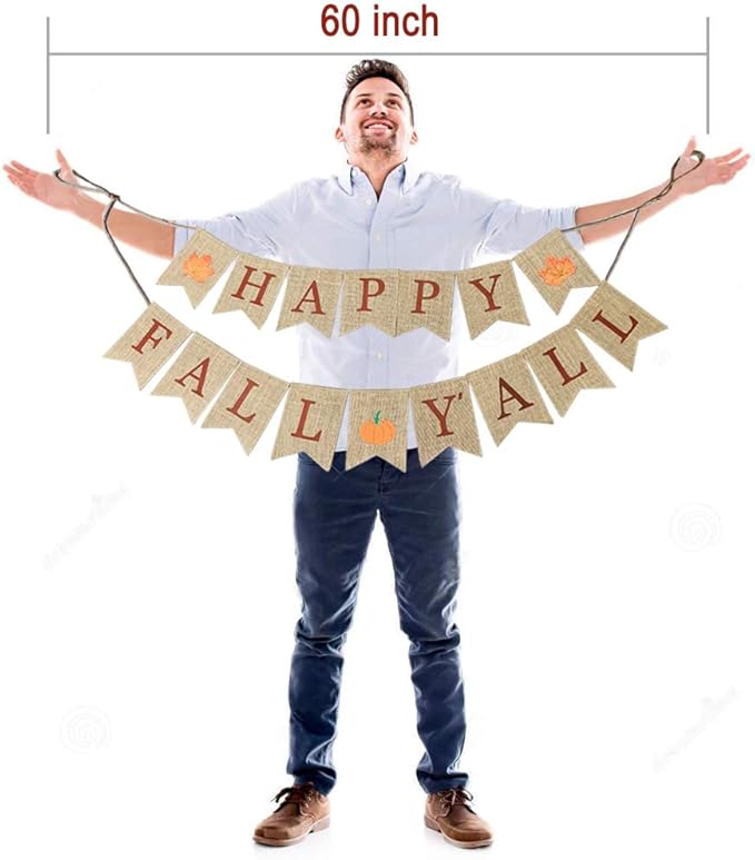 Happy Fall Yall Burlap Banner for Fireplace Thanksgiving Decor Fall Sign Mantel Autumn Rustic Maple Leaf Pumpkin Harvest Banner Autumn Hanging Decorations Wall Indoor Outdoor Office Home Back Drop