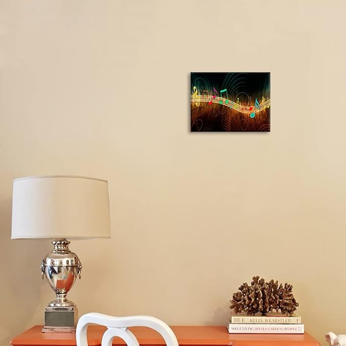 Music Wall Art for Bedroom, PIY Modern Musical Note Canvas Prints Stretched with Frame, Beautiful Notes Beating on Staff Picture Decor (Waterproof Artwork, Bracket Mounted Ready to Hang)