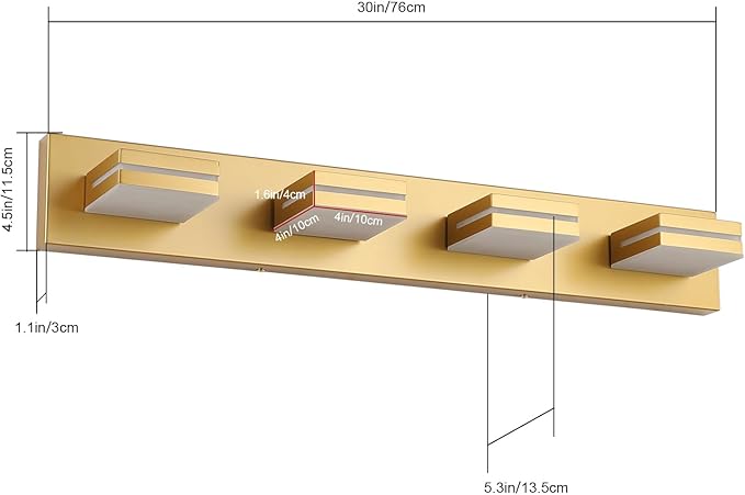 SineRise LED Modern Bathroom Vanity Light Fixtures (4-Light, 30-Inch), Matte Gold Modern Acrylic Bathroom Wall Lighting Fixtures Over Mirror (Cool White 6000K)