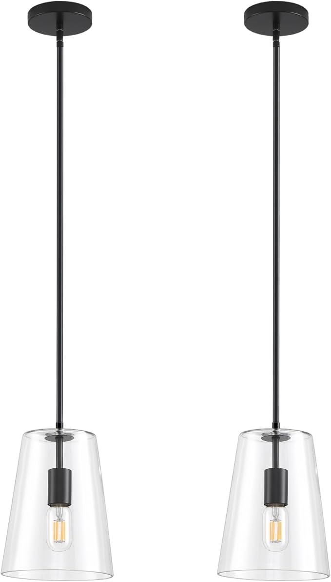 Black Big Pendant Lights Kitchen Island - Clear Glass Pendant Light Fixture Multiple Stems Rods 3 Units 12 Inch 3 Units 4 Inch (2 Pack Black Downrod Pendant with 7.5in W 9.5in H Shade)