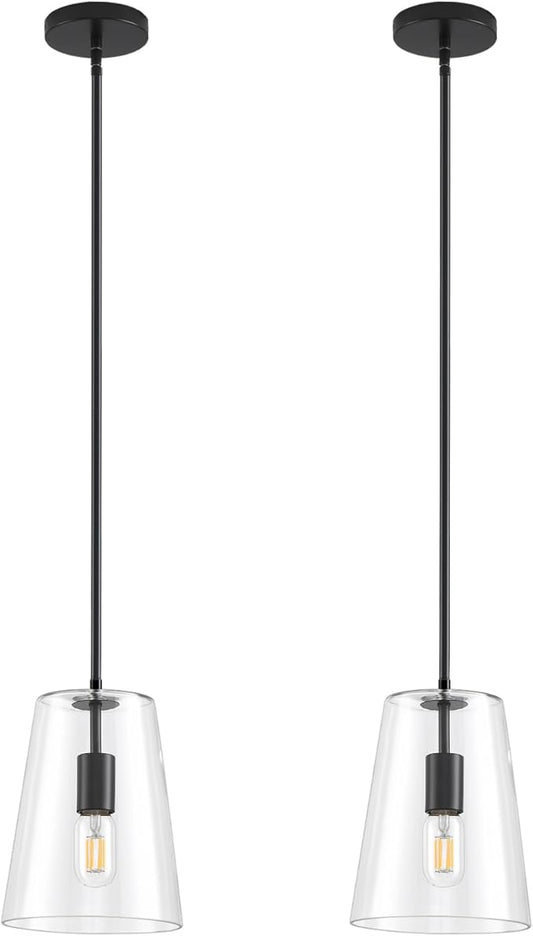 Black Big Pendant Lights Kitchen Island - Clear Glass Pendant Light Fixture Multiple Stems Rods 3 Units 12 Inch 3 Units 4 Inch (2 Pack Black Downrod Pendant with 7.5in W 9.5in H Shade)