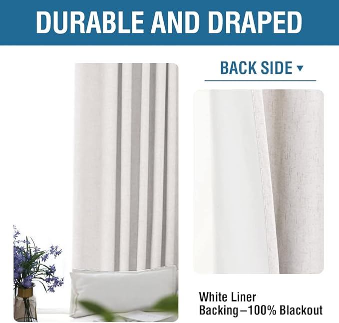 H.VERSAILTEX 100% Blackout Curtains for Bedroom 108 Inches Long Grommet Linen Face Full Light Blocking Curtain Drapes for Living Room Thermal Insulated Linen Look Curtains 2 Panels Set, Ivory