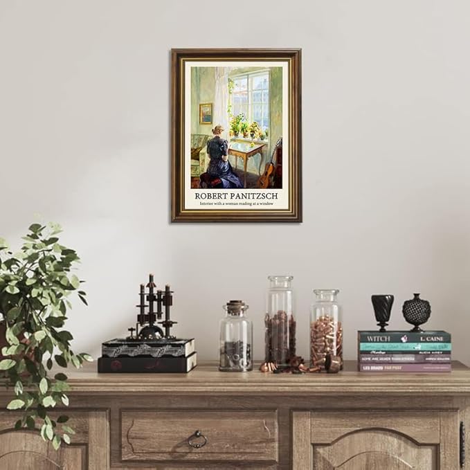 Yihaca Vintage Women Wall Art, a Woman Reading at a Window Paintings Decor Aesthetic,Vintage Brown Framed Canvas Print Artwork, Retro Portrait Wall Pictures for Bedroom Living Room,12x16inch