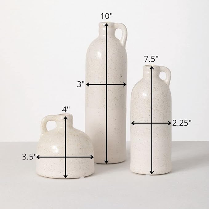 Sullivans Modern Farmhouse Distressed Two-Toned White Small Ceramic Jug Set of Three (3), 4, 7.5, 10” Tall, Crackled Finish Faux Floral Jugs, Distressed Decoration
