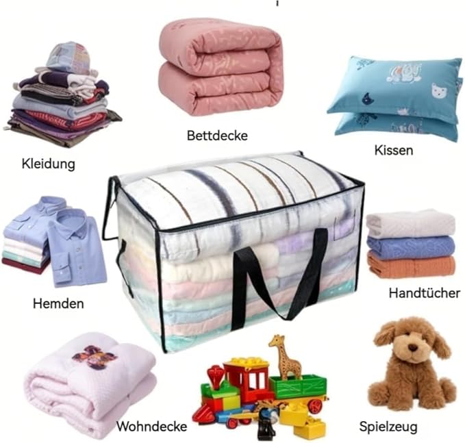 12 Pack-Extra Large Heavy Duty Moving Bags - Waterproof Storage Totes with Handles & Zippers, Foldable for College Dorm, Storage (Clear)