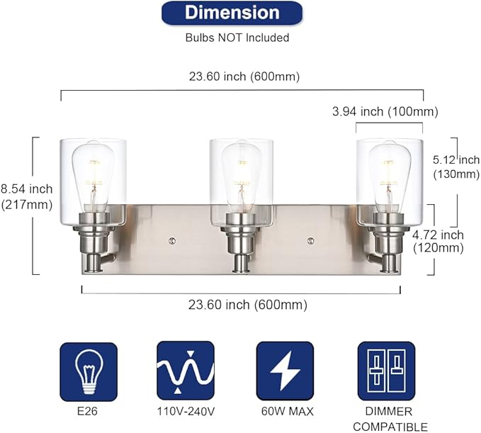 3-Lights Brushed Nickel Wall Sconce, Modern Bathroom Vanity Lights with Clear Glass Shades for Living Room Hallway Dress Table