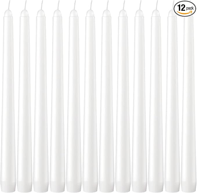 Dripless Taper Candles - Unscented White Candles Bulk - Candle Sticks Long Burning 7.5-8 Hours - for Candlesticks, Dinner Table, Vigil, Advent, Christmas, Thanksgiving, Kwanzaa - 12 Pack,10 Inch Tall