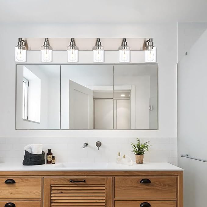 6-Lights Bathroom Light Fixtures in Brushed Nickel, Modern Vanity Lights with Clear Glass Shades, Wall Sconce Lighting Over Mirror