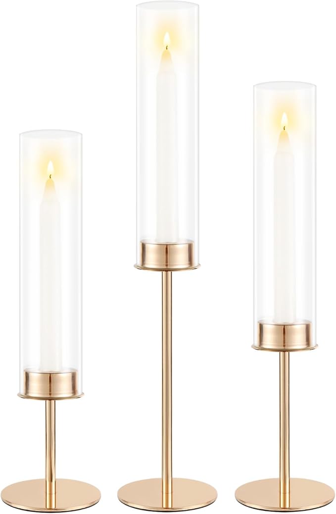Gold Candle Holders Set of 3 for Glass Taper Candle Holders,Hurricane Candlestick Holder for Home Decor, Wedding, Dinning, Party Decorative, Anniversary (3,Gold)