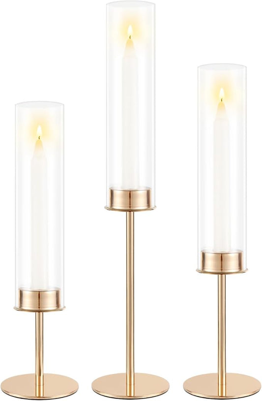 Gold Candle Holders Set of 3 for Glass Taper Candle Holders,Hurricane Candlestick Holder for Home Decor, Wedding, Dinning, Party Decorative, Anniversary (3,Gold)