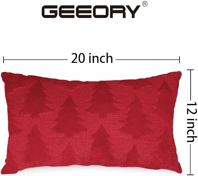 GEEORY Christmas Tree Throw Pillow Covers 12x20 Inch Set of 2, Xmas Winter Soft Plush Faux Fur Wool Decorative Farmhouse Holiday Cushion Case for Home Decoration (Red) GC005-12