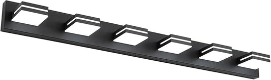 SineRise LED Modern Bathroom Vanity Light Fixtures (6-Light, 48-Inch, Dimmable), Matte Black Modern Acrylic Bathroom Wall Lighting Fixtures Over Mirror (Cool White 6000K)