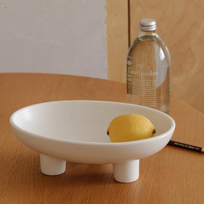 WENSHUO Three-Legs Ceramic Fruit Bowl for Kitchen Counter, Decorative Bowl for Table Décor, 10-inch Oval Large Bowls for Breads (Nacre White)