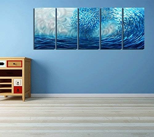 Yihui Arts Hand Crafted Blue Sea Wave 3D Metal Wall Art - Coastal 5 Panel Aluminum Sculpture for Big Abstract Office, Hallway, Fireplace, and Home Decor