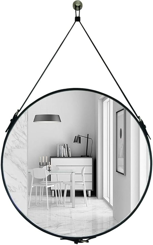 HofferRuffer Round Wall Mirror Decorative Mirror, Hanging Mirror with Hanging Strap Silver Hardware Hooker/Hanger (Black, 20'')