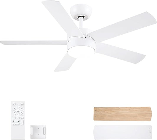 42 inch White Ceiling Fans with Lights and Remote, LED Dimmable 3 CCT Temperatures 6-Speed, Noiseless Modern Ceiling Fan for Bedroom, Living Room, Dining Room, ETL Listed