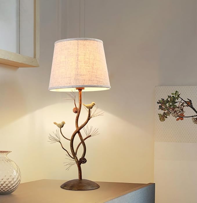Meefad Classy Bird Table Lamp, Cute Bedside Lamps with Linen Shade, Metal Nightstand Lamp, Branches Decorative Desk Lamp for Bedroom Living Room, Home Office