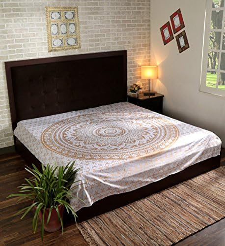 RAJRANG Large Mandala Tapestry for Bedroom and Living Room Decor Boho Bohemian Wall Hanging Cotton Tapestries (Golden and White, Ombre, 90x108 Inch, King Size)