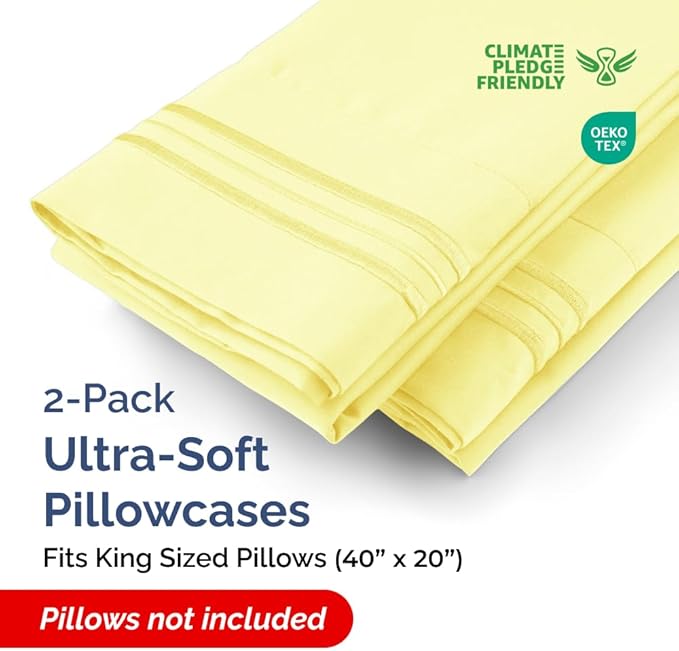 King Pillow Cases Set of 2 - Ultra Soft Hotel Quality Pillowcase Covers - Comfy, Cozy & Wrinkle Free - Shrinkage, Stain and Fade Resistant - Machine Washable Pillow Protectors - 2 Piece Set - Yellow