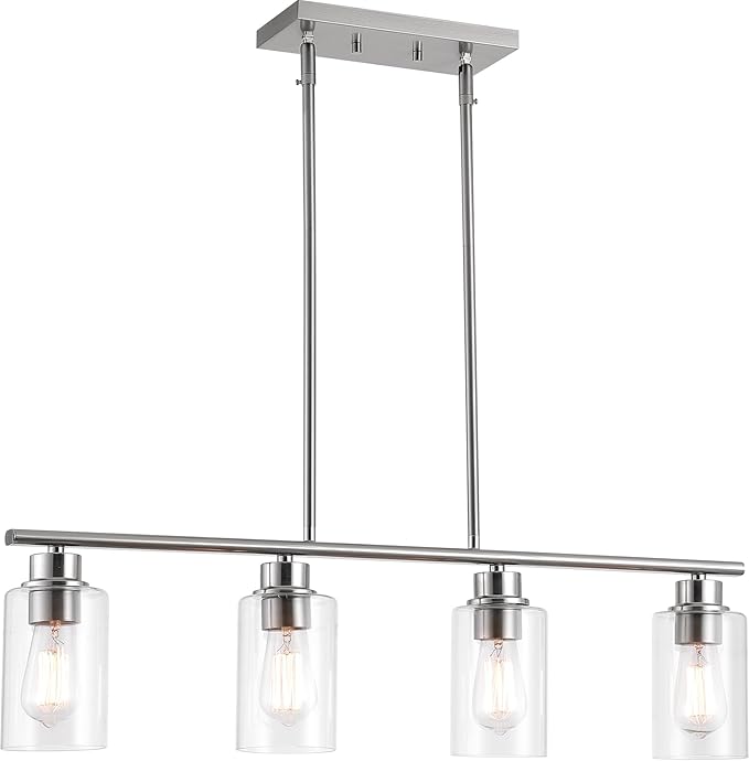 Kitchen Island Light, 4-Light Pendant Lighting, Farmhouse Dining Room Light Fixtures for Kitchen Island Dining Living Room, Brushed Nickel with Clear Glass Shade
