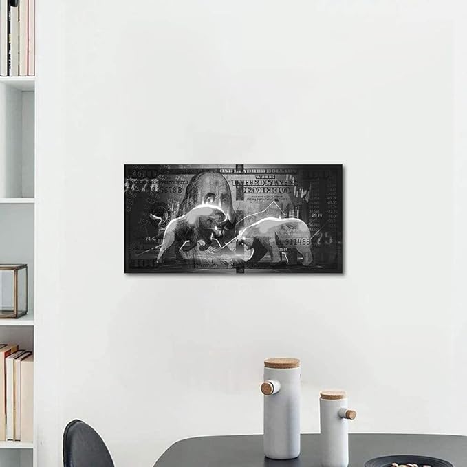 Wall Street Charging Bull Bear Canvas Paintings 100 Dollar Bill Money Poster Wall Art Picture Office Wooden Framed Easy and Ready to Hang-32 inch x 16 inch