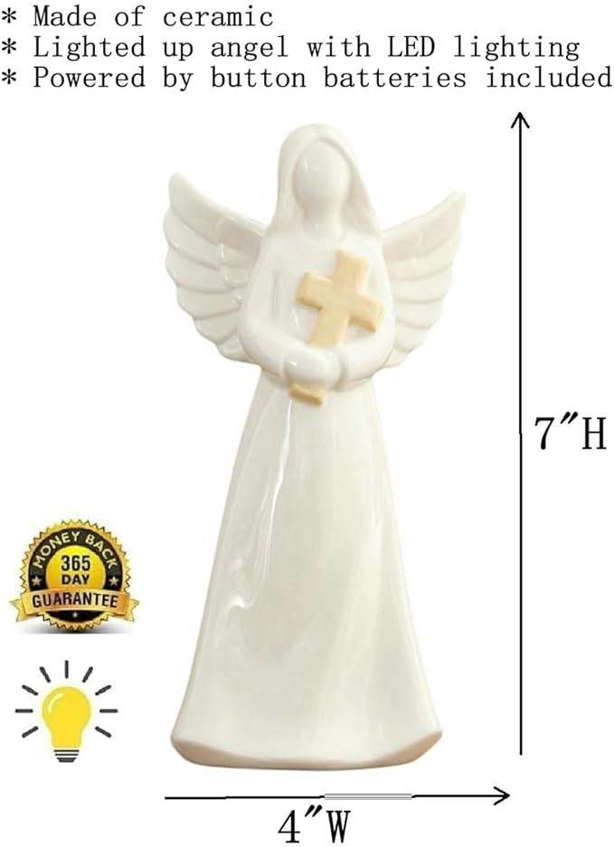 ADAVAS.Y&G Porcelain Lighted Angel Figurine Holding Cross, and Decor 7" H