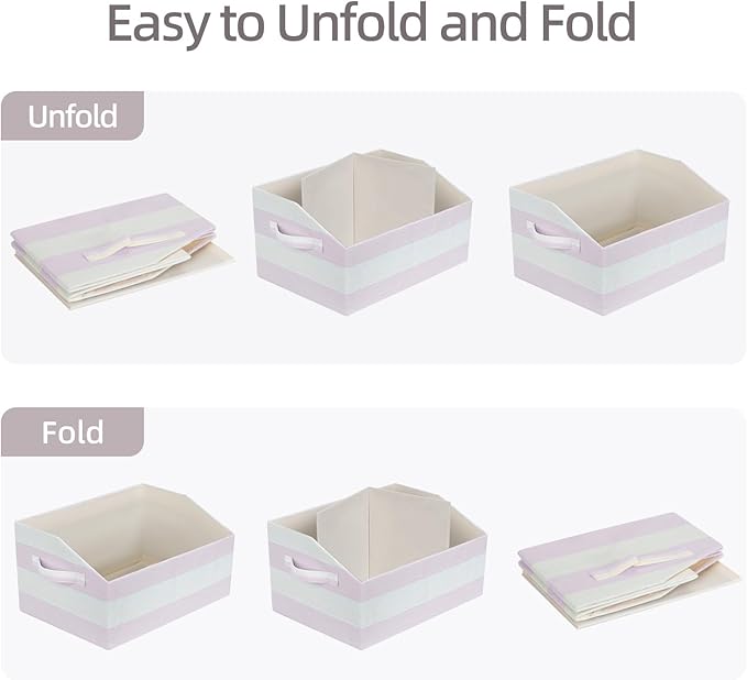 Linen Closet Organizers and Storage, Trapezoid Fabric Bins, Home Office Organization Baskets Striped Collapsible Box with Handles for Clothes, Blanket, Books, DVD, 4 Pack, Light Pink/White
