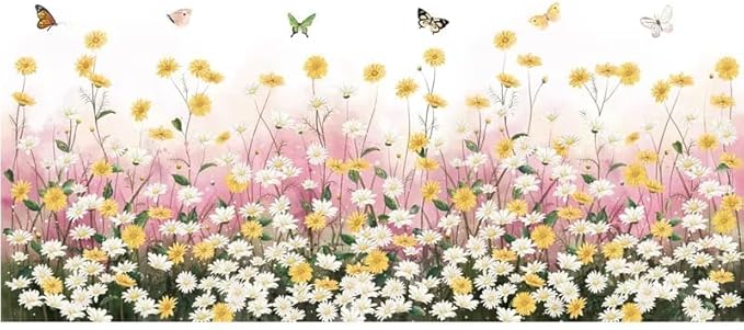Sicker Universe 12x36 Inch Set - Daisy Flowers Sofa Bedroom Pink Gypsophila Stickers Butterfly Plant Skirting Line Floral Wall Decals for Decor, Self Adhesive Vinyl for Home Decor (Floral Design #6)