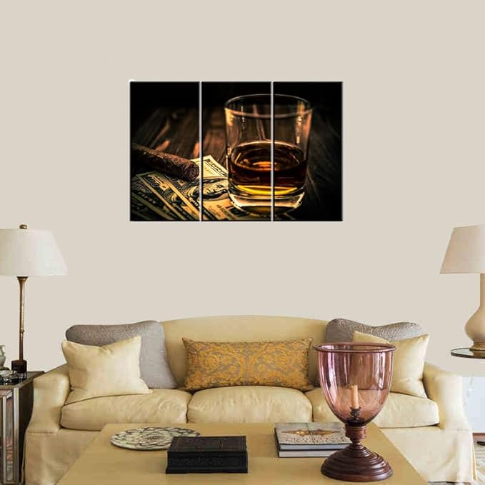 Cigar and Wine Wall Art for Bar, PIY Whiskey Picture Canvas Painting Prints Artwork (Waterproof Home Decor, Bracket Mounted Ready to Hang, 24x36 Large)