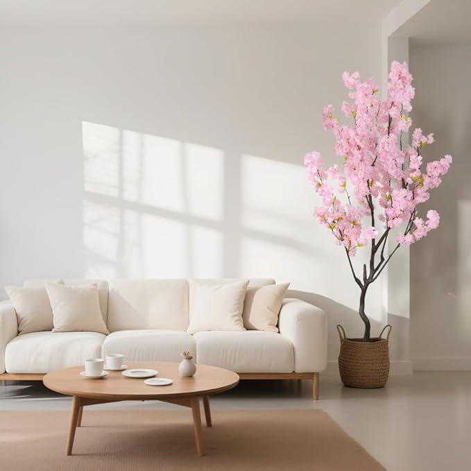 Faux Modern Pink Cherry Blossom Tree 7ft(84in)Tall Artificial Japanese Sakura Tree Decor Natural Fake Pink Floral Tree for Wedding Realistic Silk Plant in Pot for Home Living Room,Office,Outdoor Decor