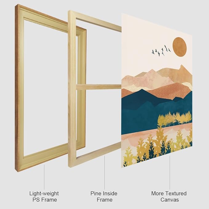 HPINUB Mountain Framed Canvas Wall Art Set, Mid Century Modern Wall Decor, Set of 3 Boho Artwork Nature Art Paintings, Bohemian Art Prints for Living Room, Bedroom, Dining Room, Office-24 x36 x3