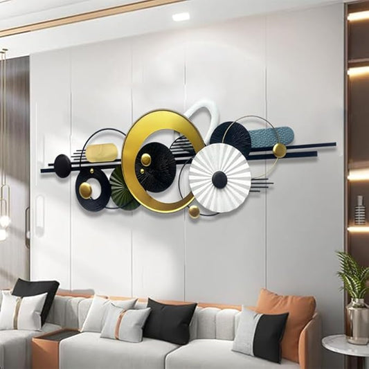Modern Abstract Metal Wall Art,Large 59×20 Inches Wall Decor, Geometric Circles Design Wall Sculptures, Gold Black White, Wall Decoration for Living Room Bathroom Bedroom Dining Room