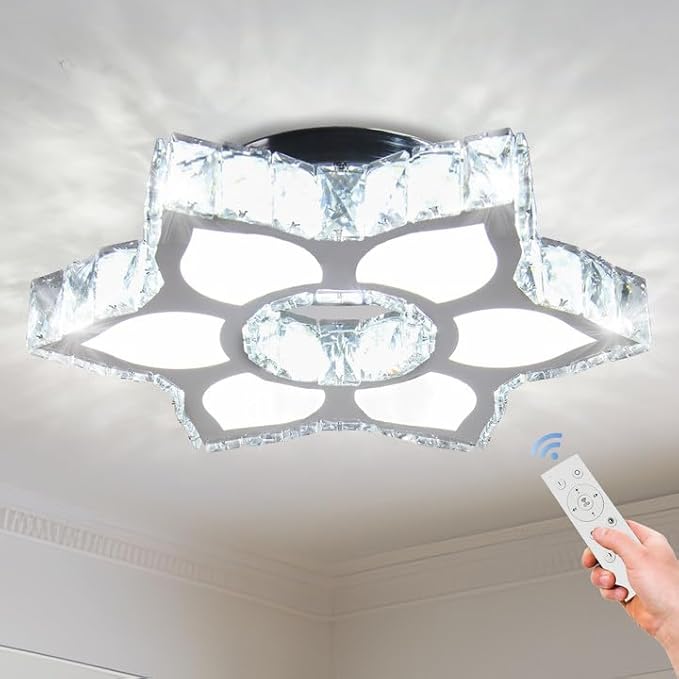 FRIXCHUR 16.1 Inch Dimmable Modern Crystal Chandelier Led Ceiling Light Fixture with Remote Flower Chandelier for Living Room Dining Room Closet
