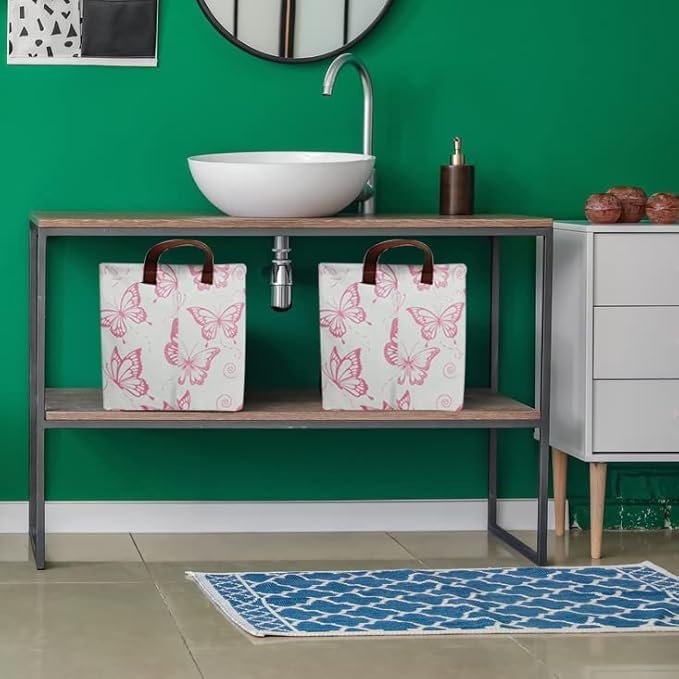 CLOCOR Rectangular Pink Basket, Collapsible Storage Bin, Waterproof Storage Box with Handles, Gift Organizer, Shelf Basket(Pink Butterfly)