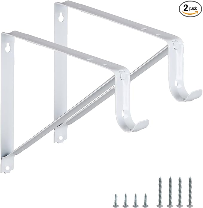 HOME MASTER HARDWARE Heavy Duty Closet Rod Brackets 2 Pack, Wall Mounted Shelf Bracket with Rod Shelving Support, 11 x 9.5 in Shelves Support Brace with Hook, White with Screws