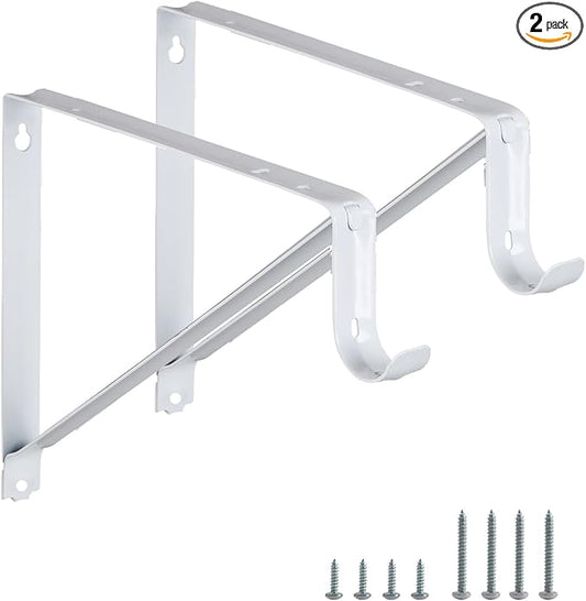 HOME MASTER HARDWARE Heavy Duty Closet Rod Brackets 2 Pack, Wall Mounted Shelf Bracket with Rod Shelving Support, 11 x 9.5 in Shelves Support Brace with Hook, White with Screws