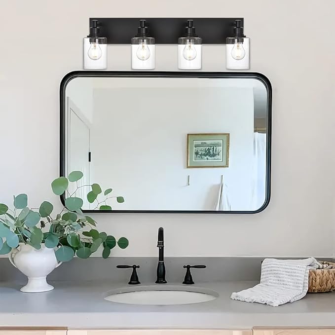 4-Lights Bathroom Vanity Light Fixtures, Black Modern Wall Lighting Over Mirror with Clear Glass Shade (E26 Bulb Base)