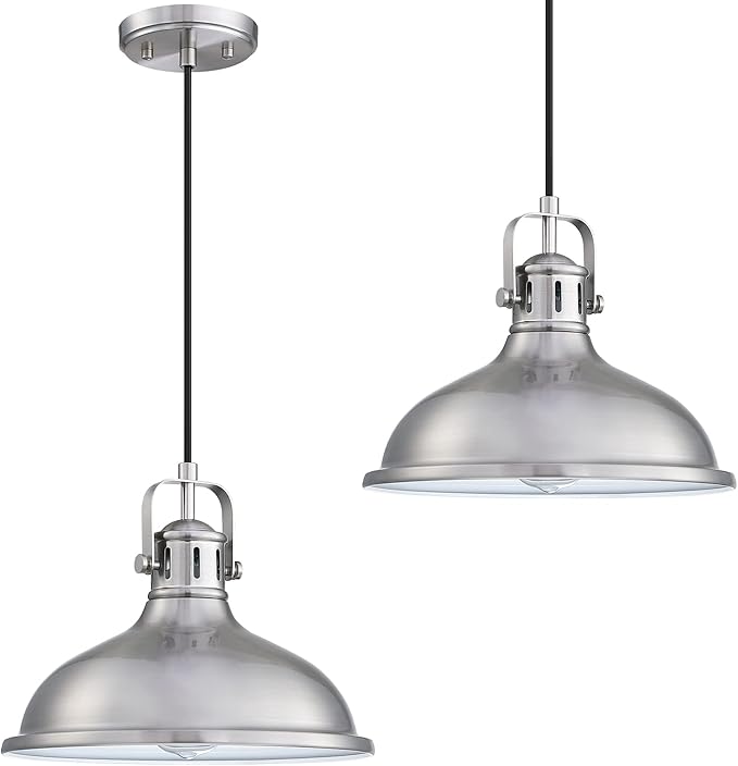 12 Inch LED 2 Pack 1 Light Pendant Light Industrial Vintage Fixtures Metal Chandelier Lights with Brushed Nickel Finish,Ceiling Lamp for Kitchen Home Island Dining Room Bedroom Farmhouse